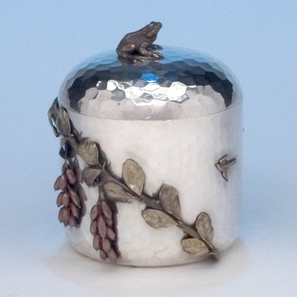 Gorham Sterling Silver and Other Metals Aesthetic Movement Mixed Metals Tobacco Jar or Humidor, c. 1881
