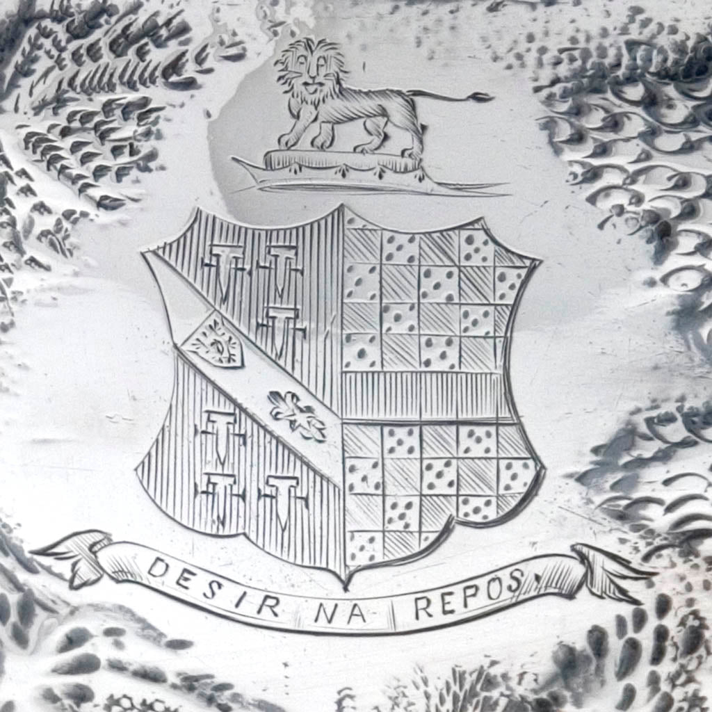 Howard family coat of arms on hte S. Kirk &amp; Son &#39;Etruscan&#39; (&#39;Landscape&#39; or &#39;Castle&#39;) Pattern 4-piece Coffee or Tea Service, c. 1855-61