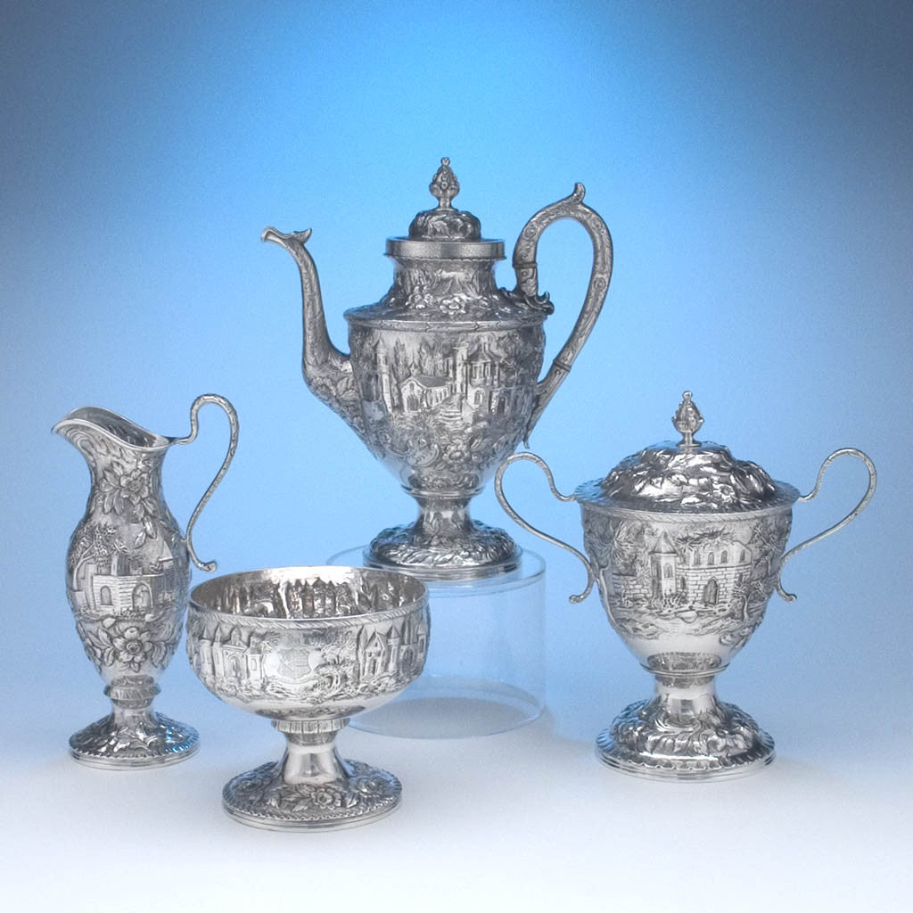 S. Kirk & Son 'Etruscan' ('Landscape' or 'Castle') Pattern 4-piece Coffee or Tea Service, c. 1855-61