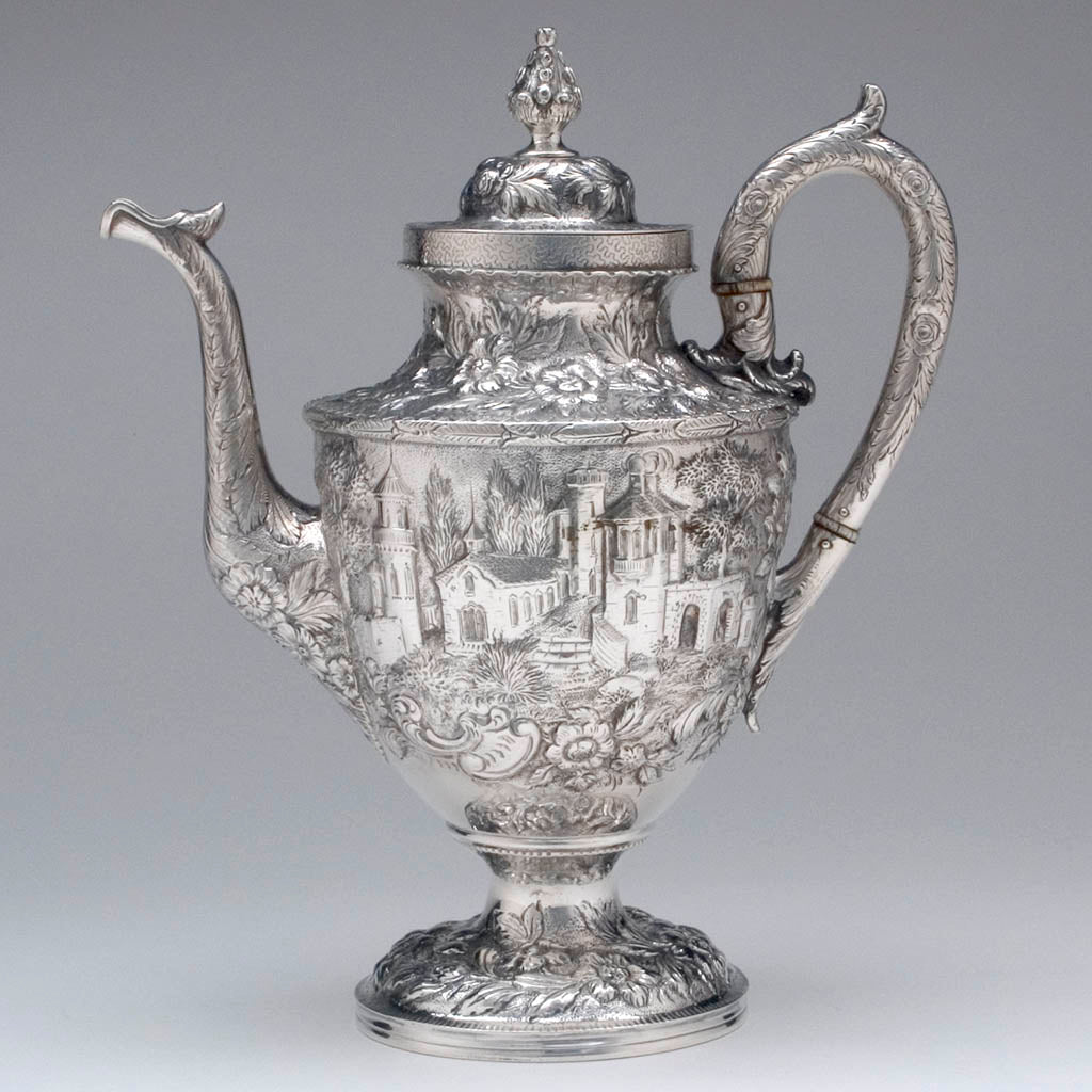 Coffee pot S. Kirk &amp; Son &#39;Etruscan&#39; (&#39;Landscape&#39; or &#39;Castle&#39;) Pattern 4-piece Coffee or Tea Service, c. 1855-61