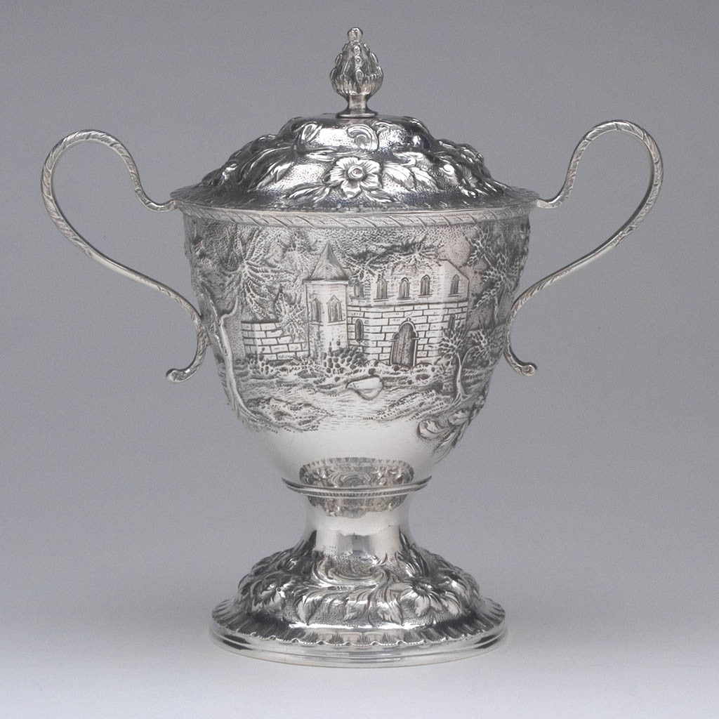 Covered sugar to S. Kirk &amp; Son &#39;Etruscan&#39; (&#39;Landscape&#39; or &#39;Castle&#39;) Pattern 4-piece Coffee or Tea Service, c. 1855-61
