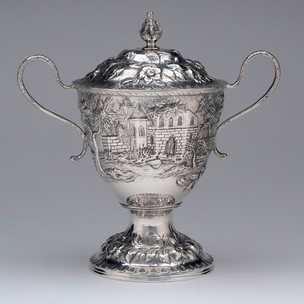 Sugar bowl of the S. Kirk &amp; Son &#39;Etruscan&#39; (&#39;Landscape&#39; or &#39;Castle&#39;) Pattern 4-piece Coffee or Tea Service, c. 1855-61