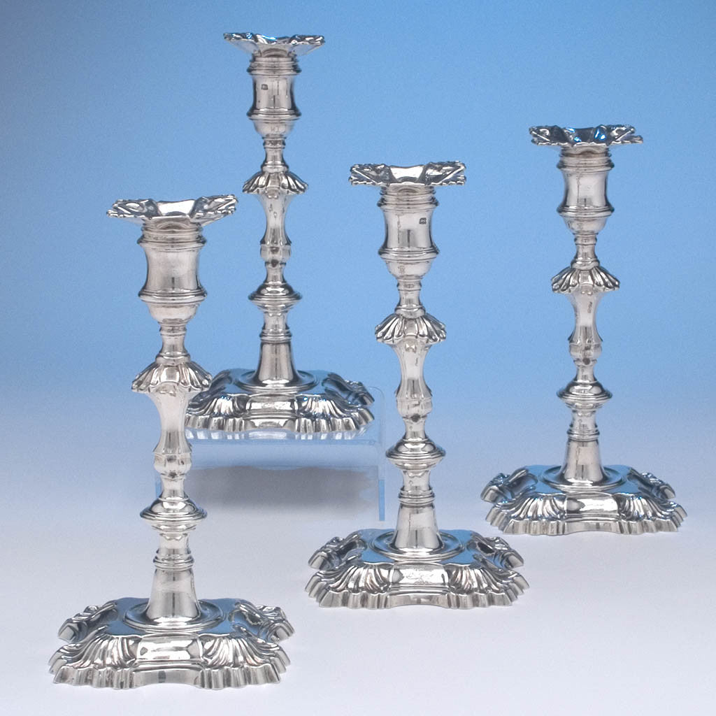 John Priest English Sterling Silver Candlesticks - set of 4, London, 1752/53