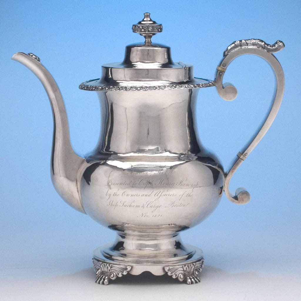 John Jones Coin Silver Presentation Coffee Pot, Boston, 1821 