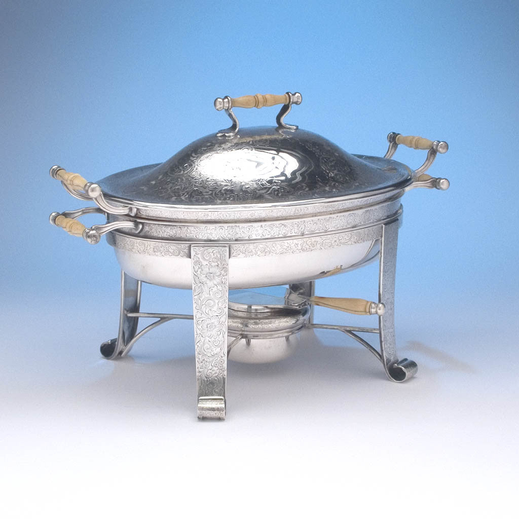 Angle view of Barbour Silver Company Sterling Silver Covered Entree Server, Hartford, CT, c. 1895