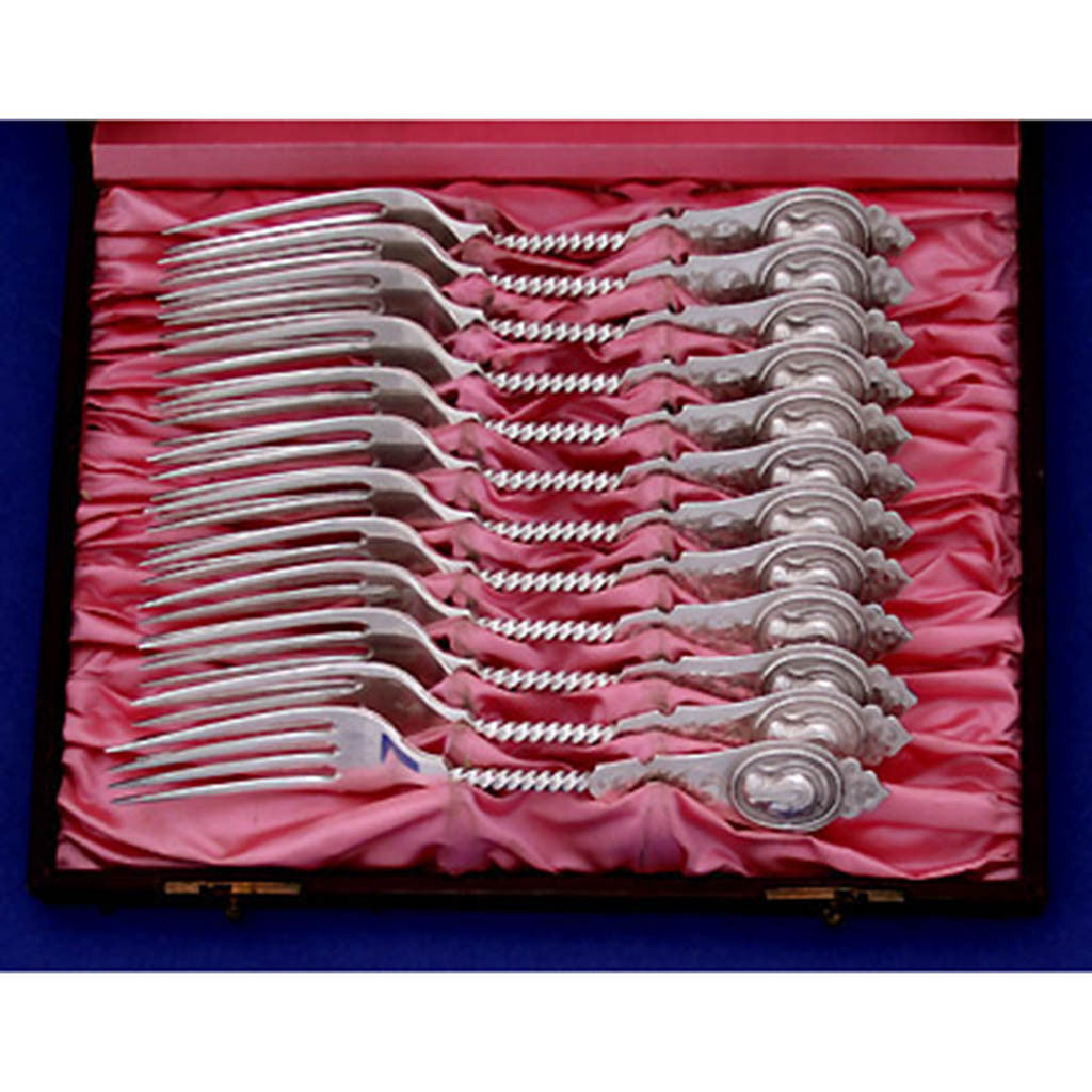 Boxed closeup of Duhme &amp; Co. Coin Silver Dinner Forks - set of 12, Cincinnati, OH, c. 1870