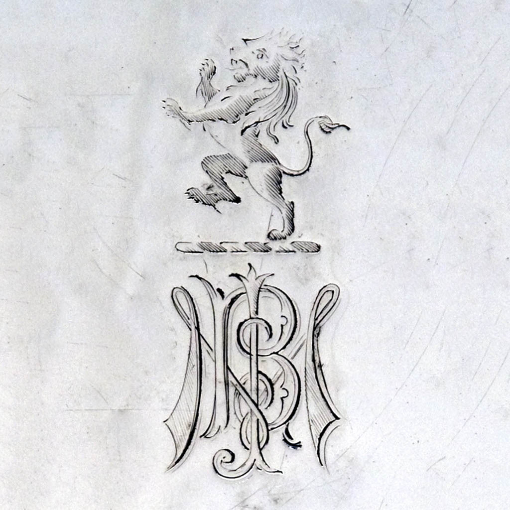Crest and monogram on Thomas Warner - The Hollingsworth/ Morris Family Large Round American Silver Tray, Baltimore, c. 1805