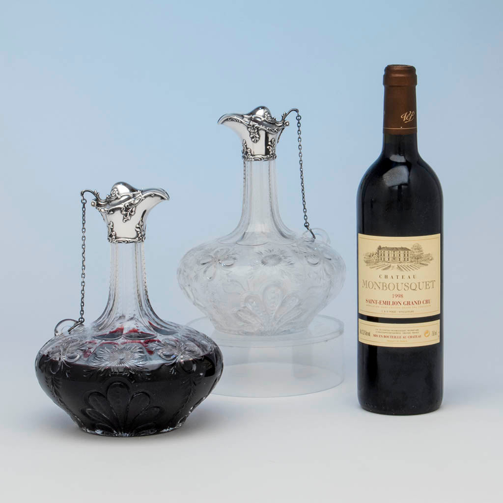 Gorham Antique Pair of Sterling Mounted Hawkes Glass Decanters or Claret Jugs, Providence, 1901