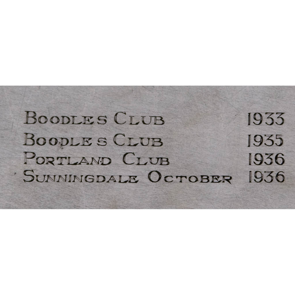 Engraving on Charles Boyton English Art Deco Sterling Silver Coffee Service on Tray, London, 1932/33, the tray 1935/36