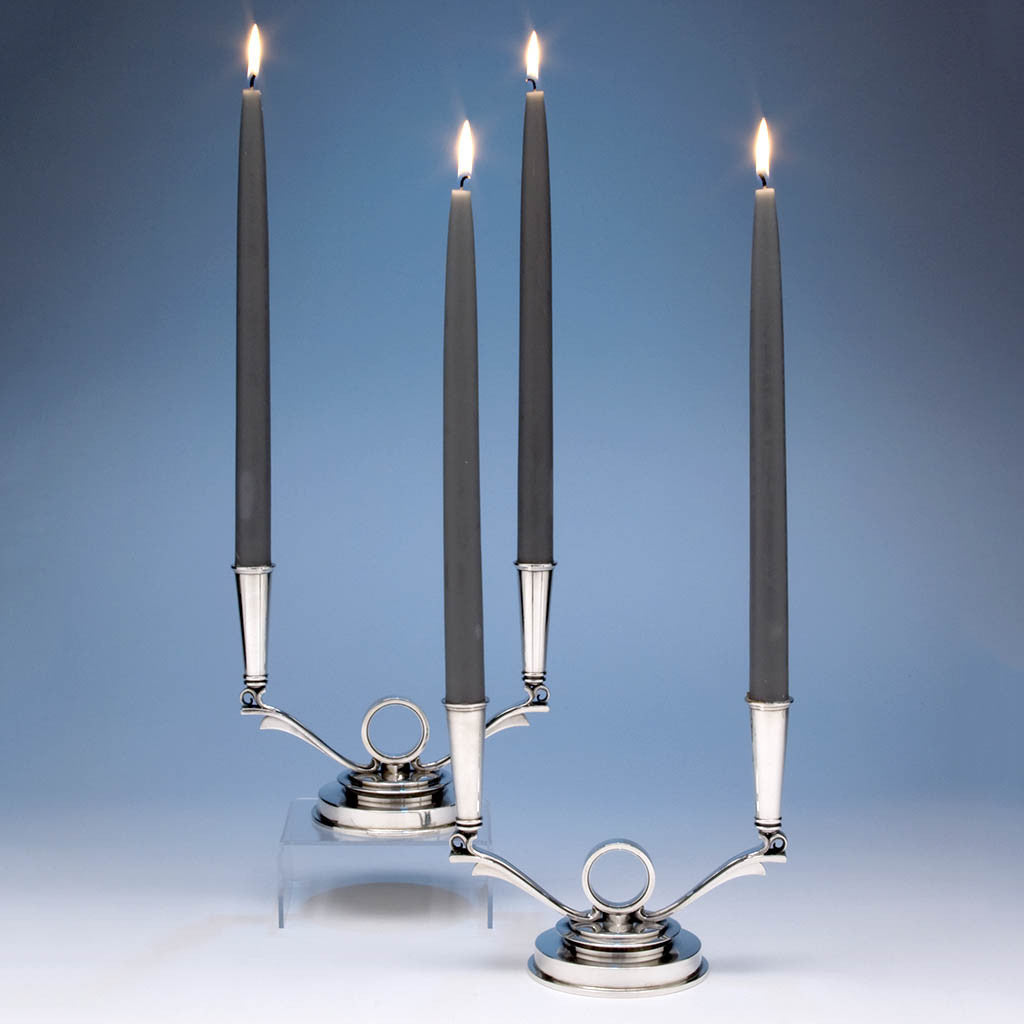 Georg Jensen Pair of Sterling Silver 2-light Art-deco Candelabra, 1945-1977, designed by Harald Nielsen c. 1930