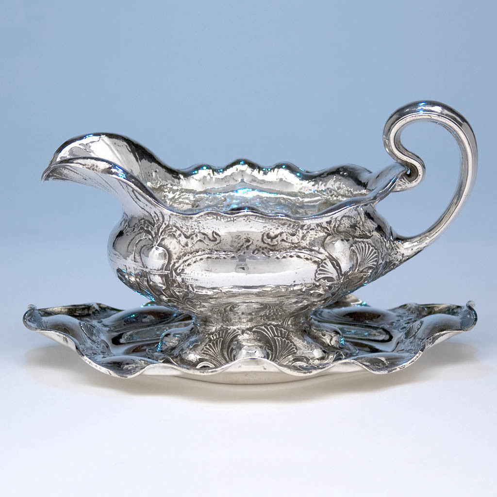 Side of Gorham Martelé Silver Sauce Boat and Tray with Ladle, Providence, RI, 1905