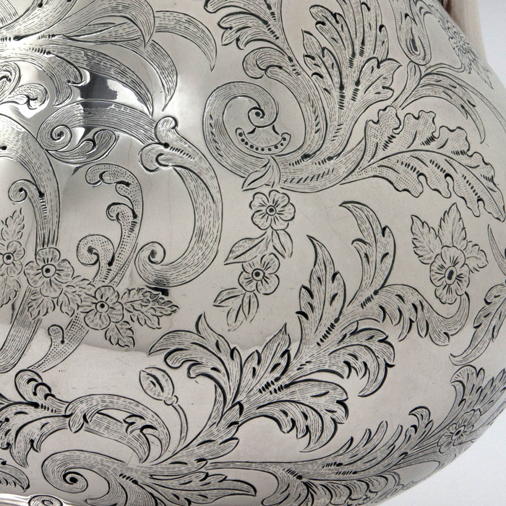 Detail of Lows, Ball &amp; Company Antique Coin Silver Presentation Water Pitcher, Boston, 1844, Possibly by Obadiah Rich