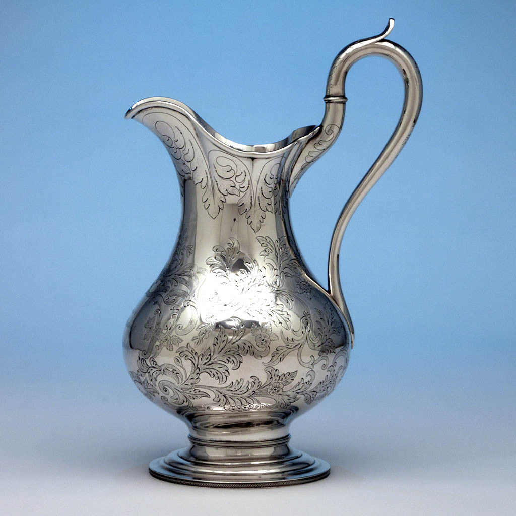 Lows, Ball & Company Antique Coin Silver Presentation Water Pitcher, Boston, 1844, Possibly by Obadiah Rich