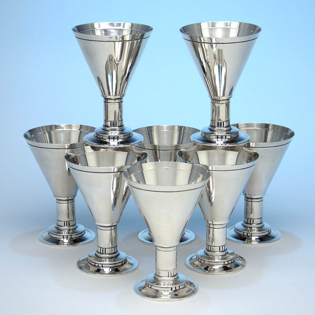 Erik Magnussen Designed for Gorham 'Modern American' Art Deco Sterling Silver Goblets - 8, Providence, RI, 1928