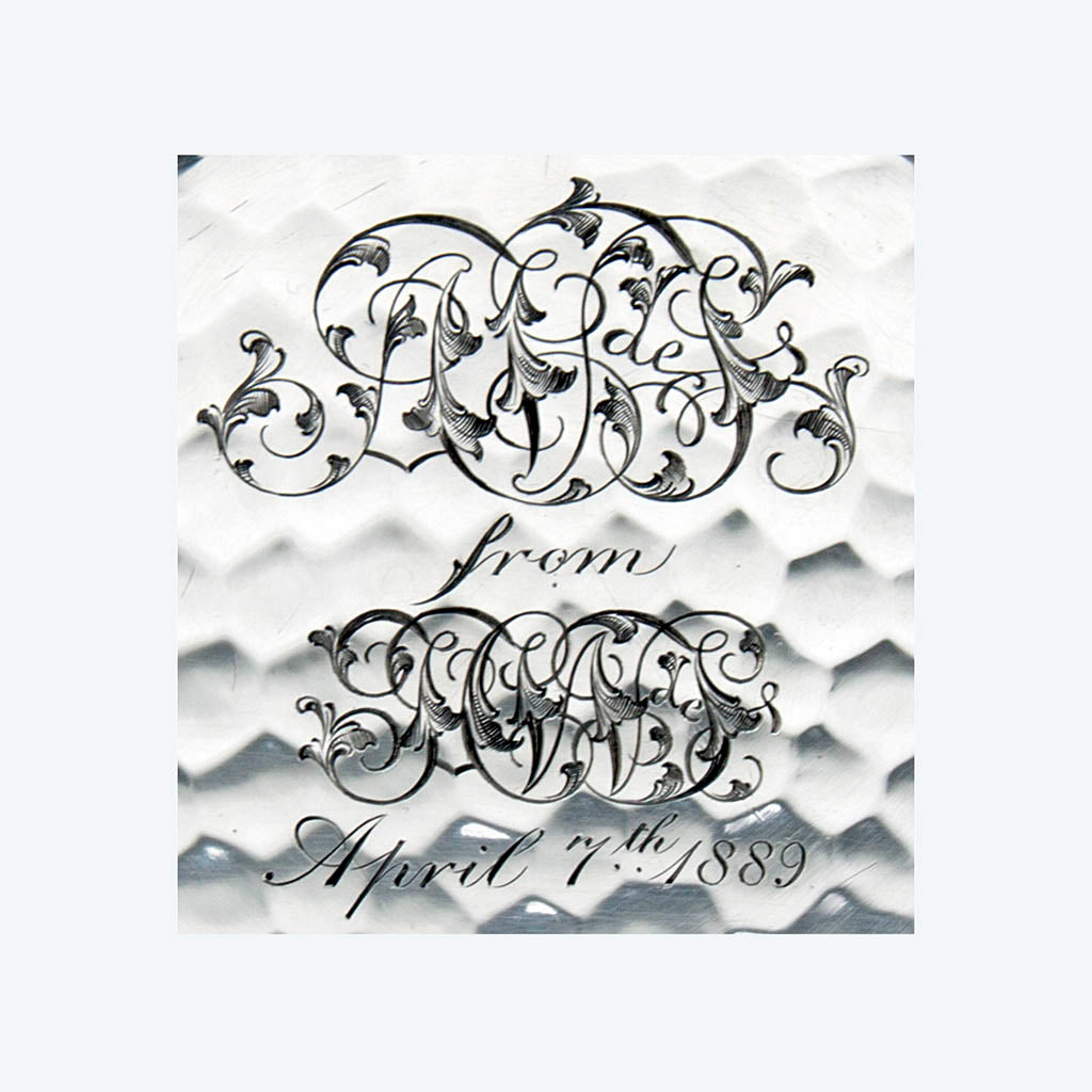  Inscription on Tiffany &amp; Co. Antique Sterling Silver Aesthetic Movement Spot Hammered Bowl, c. 1889