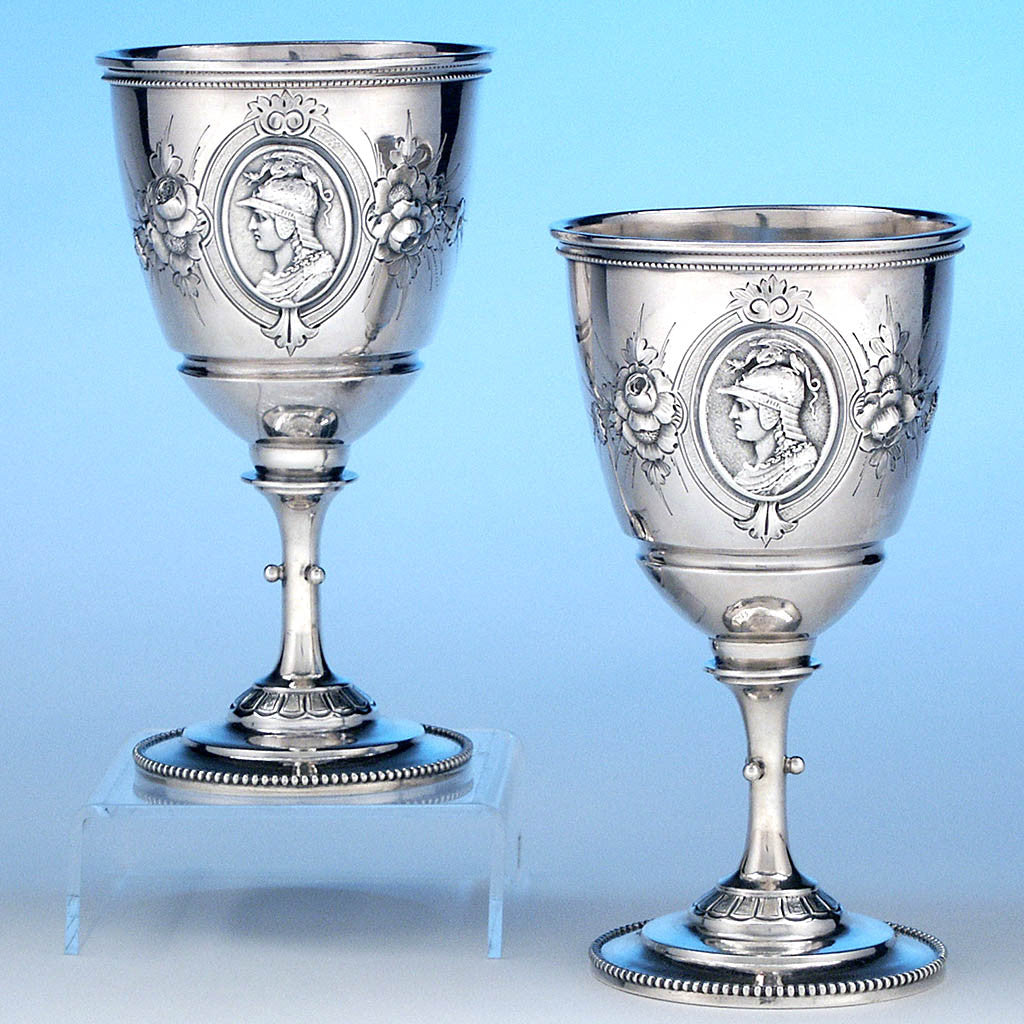 Wood & Hughes 'Medallion' Antique Coin Silver Goblets – pair, New York City, c. 1860's