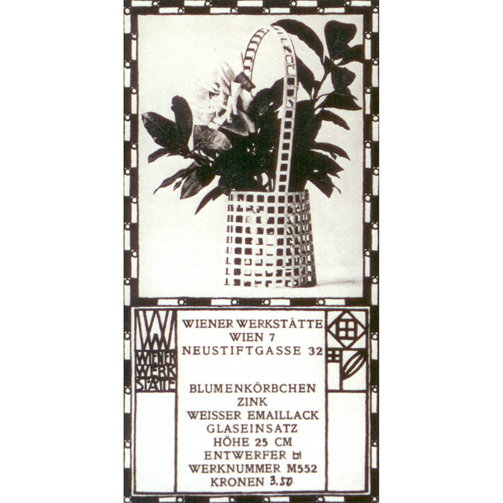 Advertisement for Josef Hoffmann (designed by) Austrian Silver Flower Basket,  c. 1905, made by the Wiener Werkstätte 1906-15