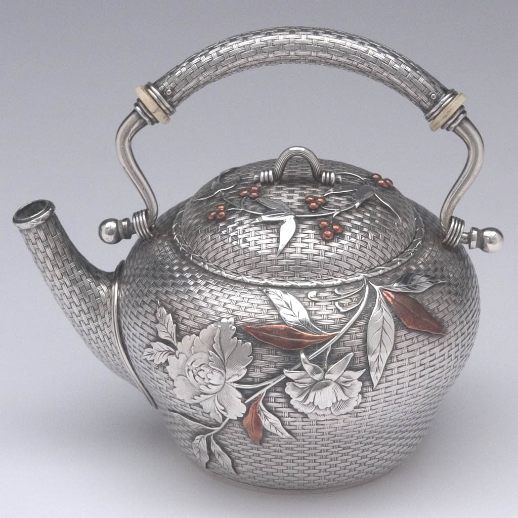 Tea pot detail of Whiting - The Bowers/ Taft Family Aesthetic Movement Sterling Silver and Mixed-Metal Tête-à-tête Tea Service, c. 1887