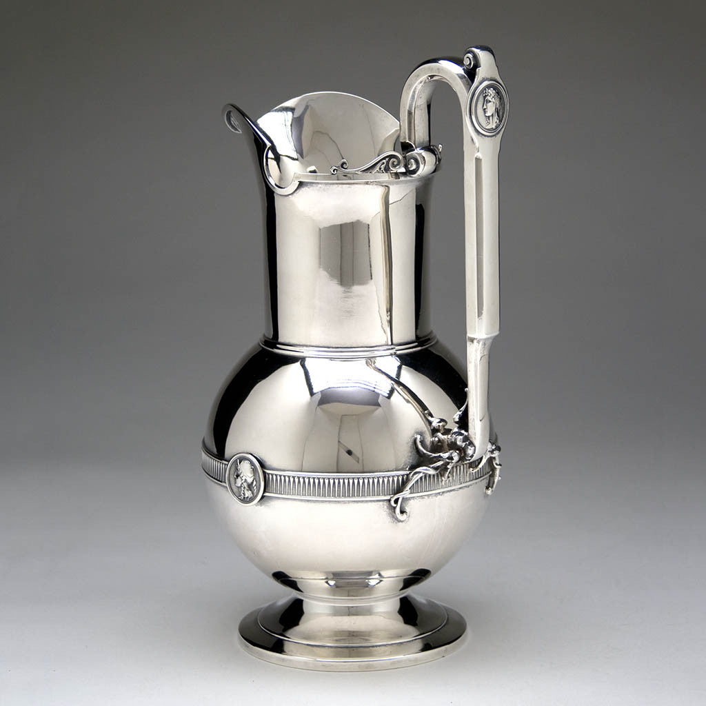Angle view of Gorham &#39;Medallion&#39; Antique Coin Silver Water Pitcher, Providence, RI, 1861-67 