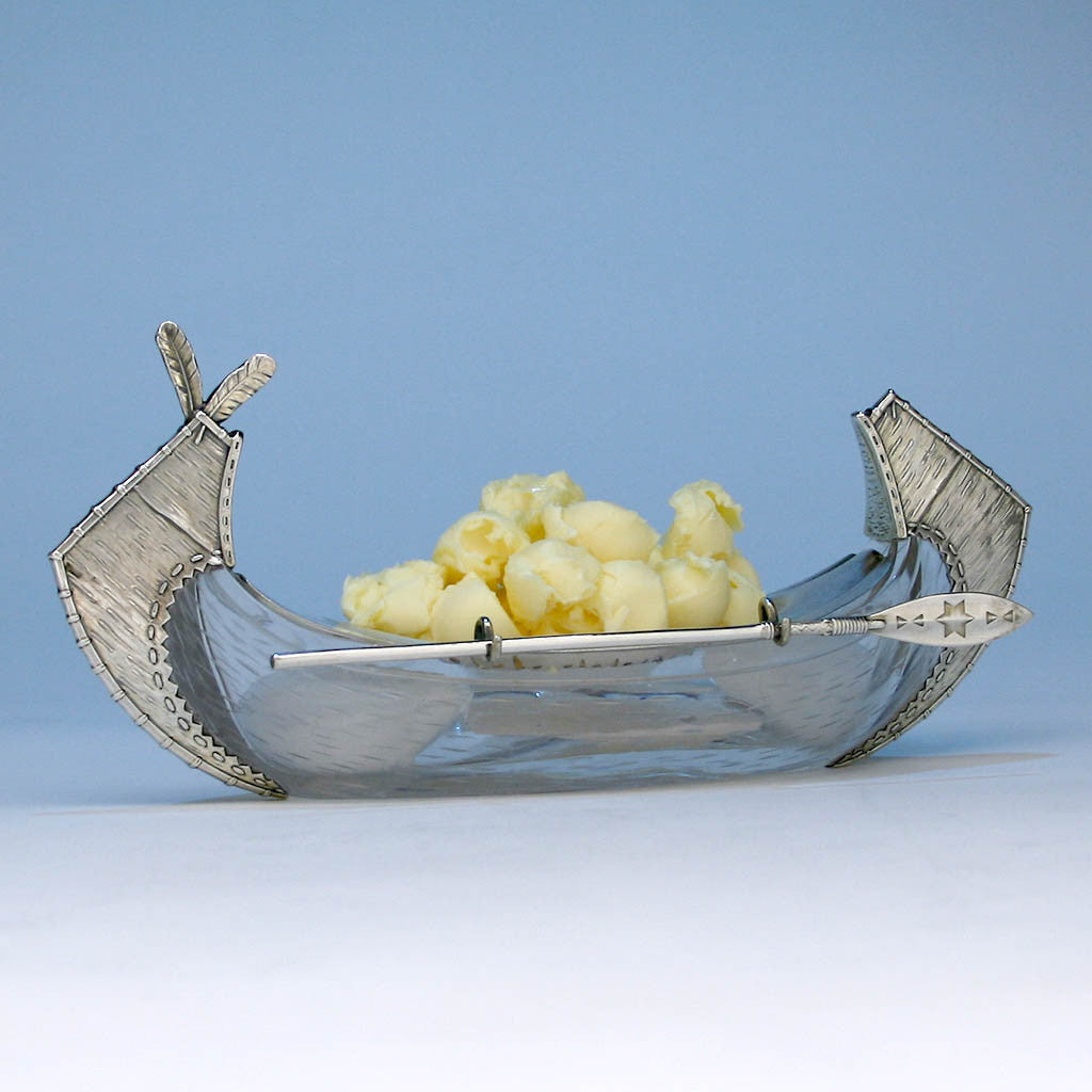 American Aesthetic Movement Sterling and Glass Canoe Form Butter Dish, c. 1880&#39;s