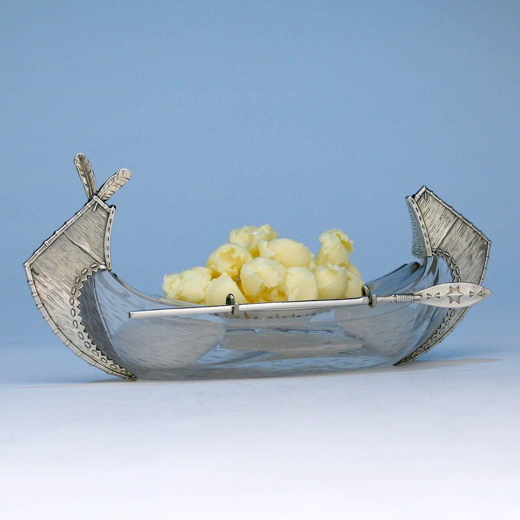 American Aesthetic Movement Sterling and Glass Canoe Form Butter Dish, c. 1880's