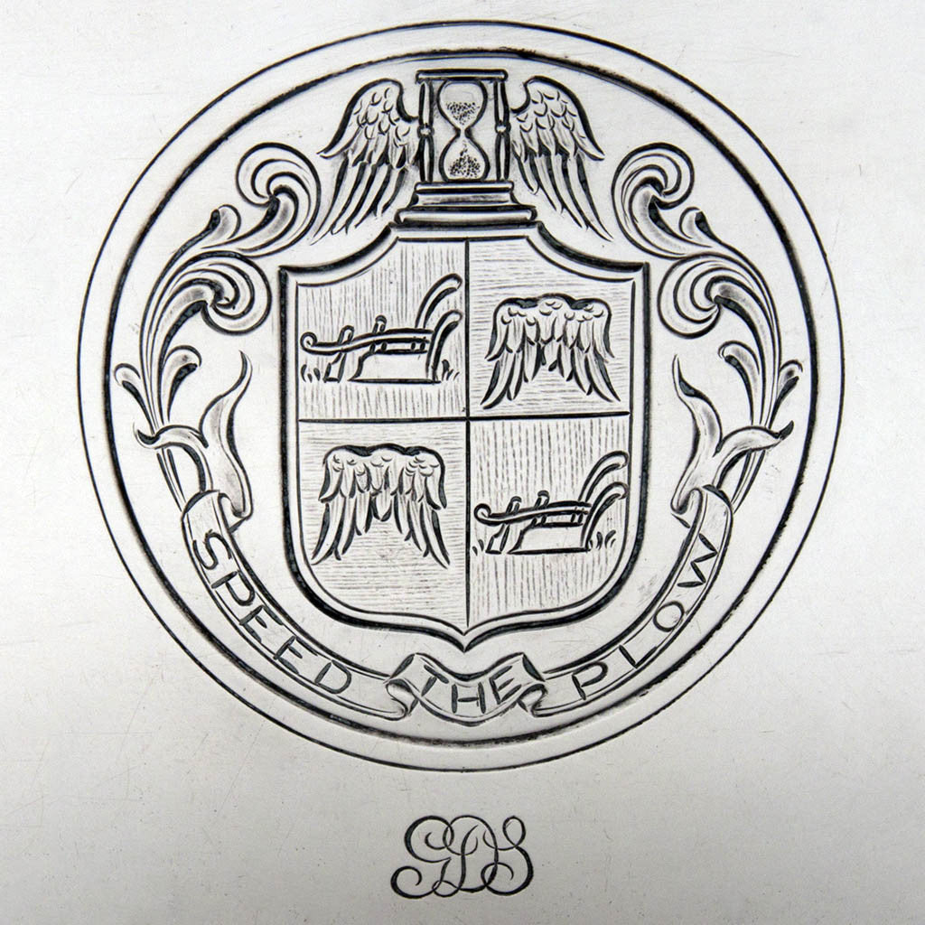 Arms on Arthur Stone Sterling Silver Creamer and Covered Sugar Bowl, Gardner, MA, 1932, bearing the arms of George Dudley Seymour