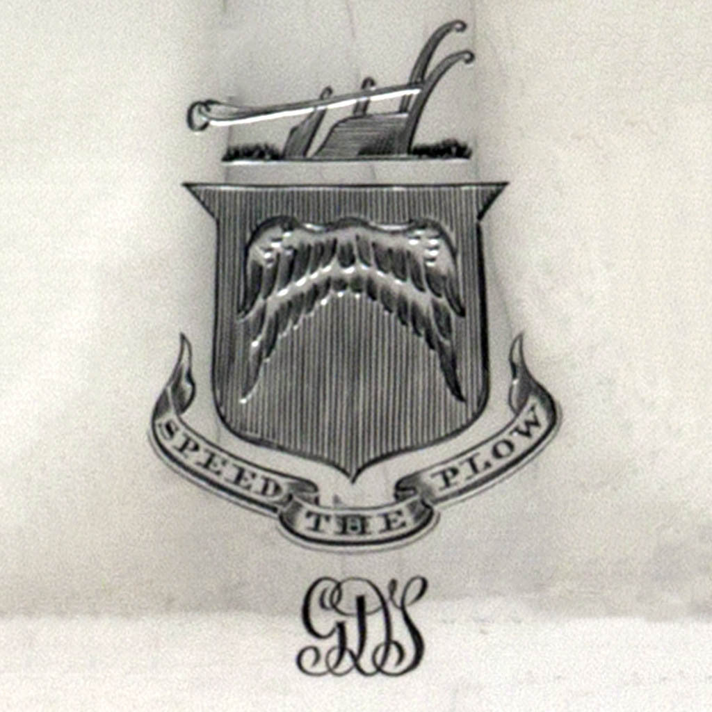 Monogram on Arthur Stone Sterling Silver Creamer and Covered Sugar Bowl, Gardner, MA, 1932, bearing the arms of George Dudley Seymour