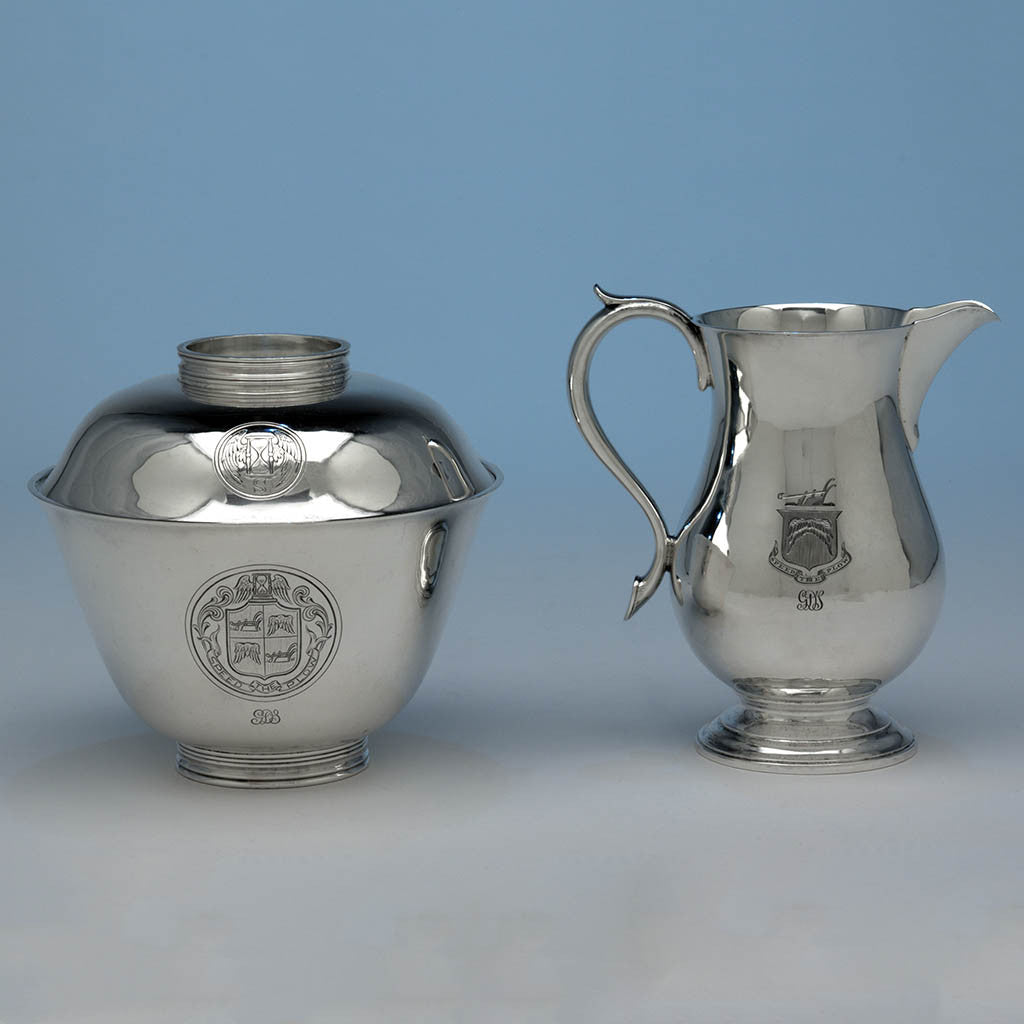 Arthur Stone Sterling Silver Creamer and Covered Sugar Bowl, Gardner, MA, 1932, bearing the arms of George Dudley Seymour