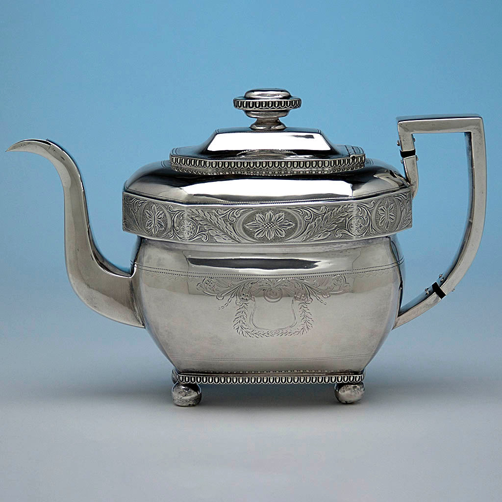 Teapot of Hugh Wishart Antique Coin Silver Coffee or Tea Service, c. 1810