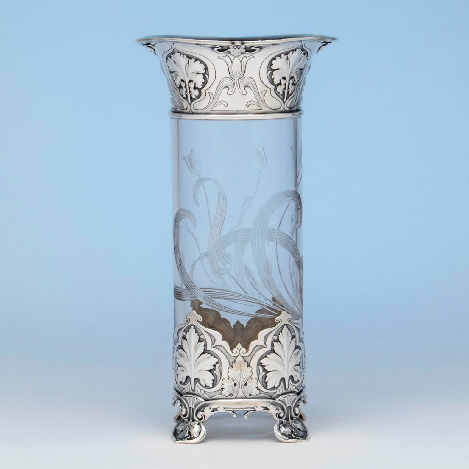 Gorham 'Athenic' Antique Sterling Silver and Cut Glass Vase, Providence, RI, 1902