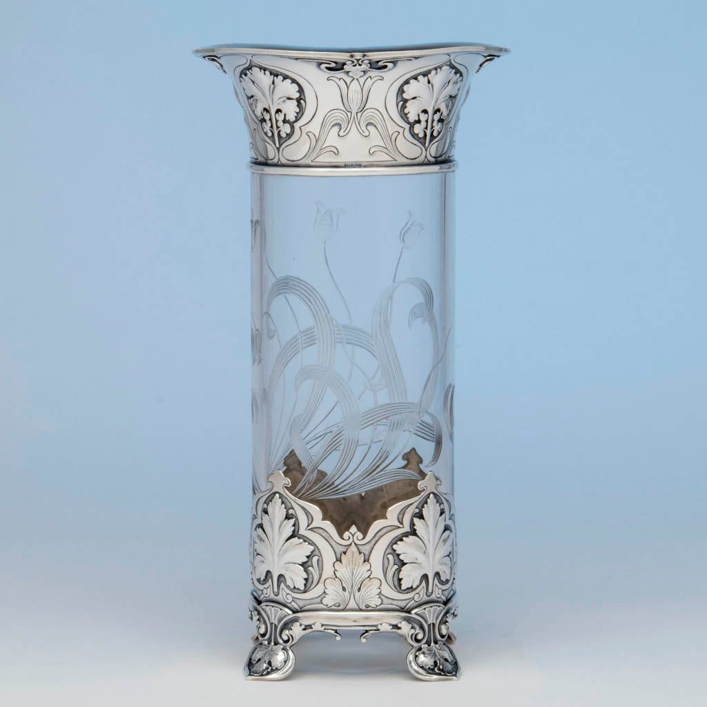 Reverse of the Gorham &#39;Athenic&#39; Antique Sterling Silver and Cut Glass Vase, Providence, RI, 1902