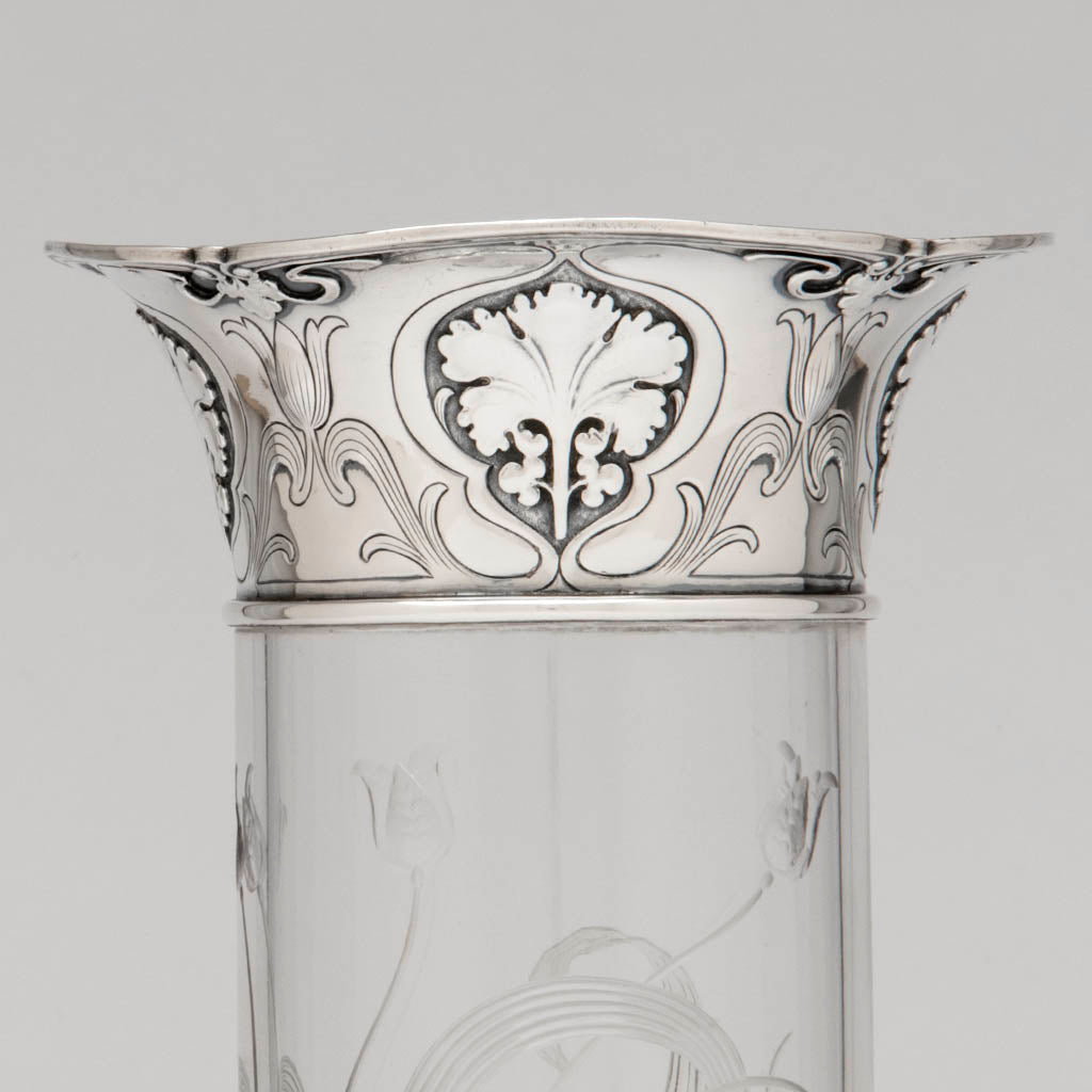 Top detail Gorham &#39;Athenic&#39; Antique Sterling Silver and Cut Glass Vase, Providence, RI, 1902