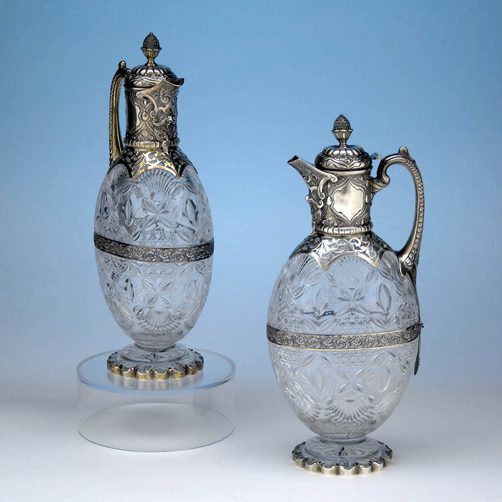 Charles Edwards Pair of English Sterling & Crystal Claret Jugs, London, 1895/96