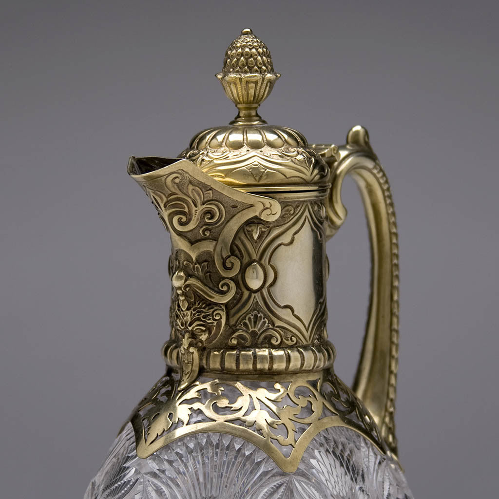 Top to Charles Edwards Pair of English Sterling &amp; Crystal Claret Jugs, London, 1895/96