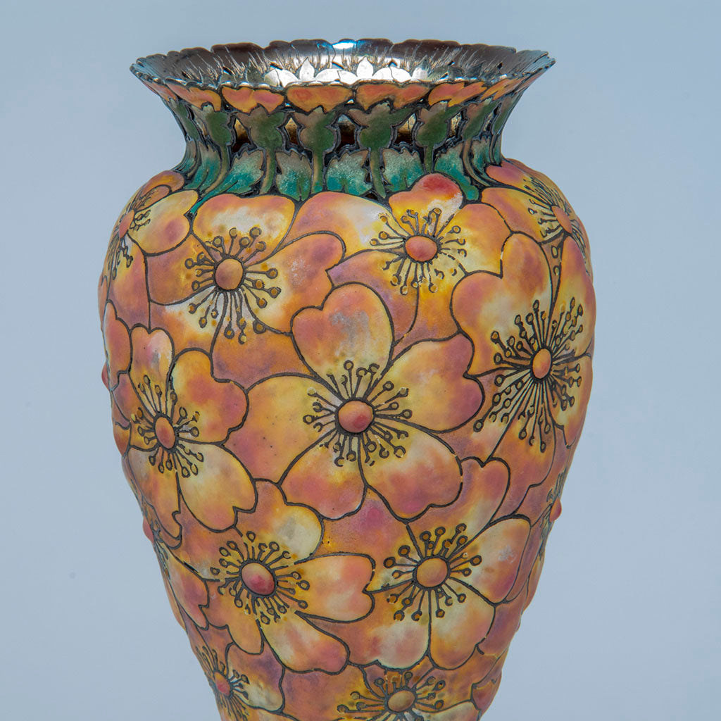 Delail 1 of Tiffany &amp; Co - The &quot;Moss-Roses&quot; Vase, 1893 Columbian Exhibition Sterling Silver and Enamel Vase, design attributed to John T. Curran, c. 1893