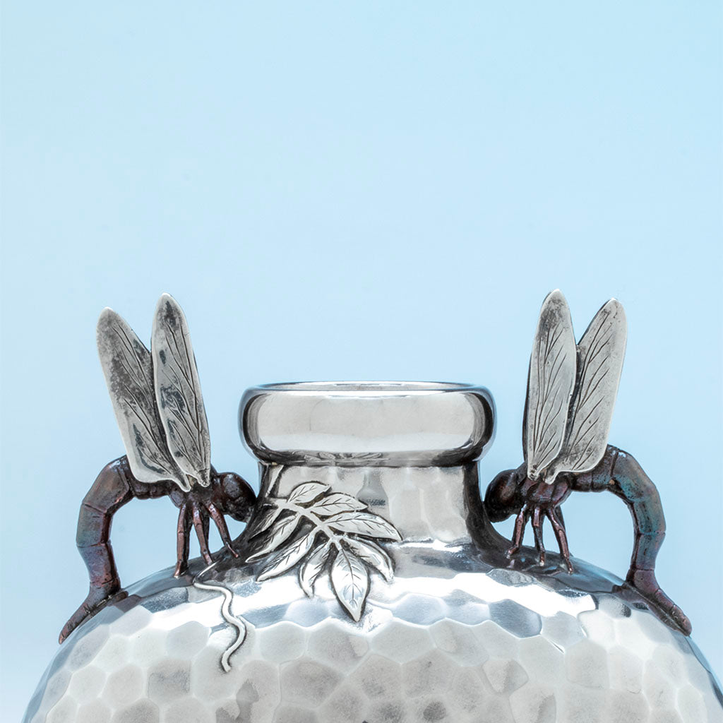 Reverse of handles on Tiffany and Co Japonesque Mixed Metals Moon Flask Vase, NYC, NY, c. 1878
