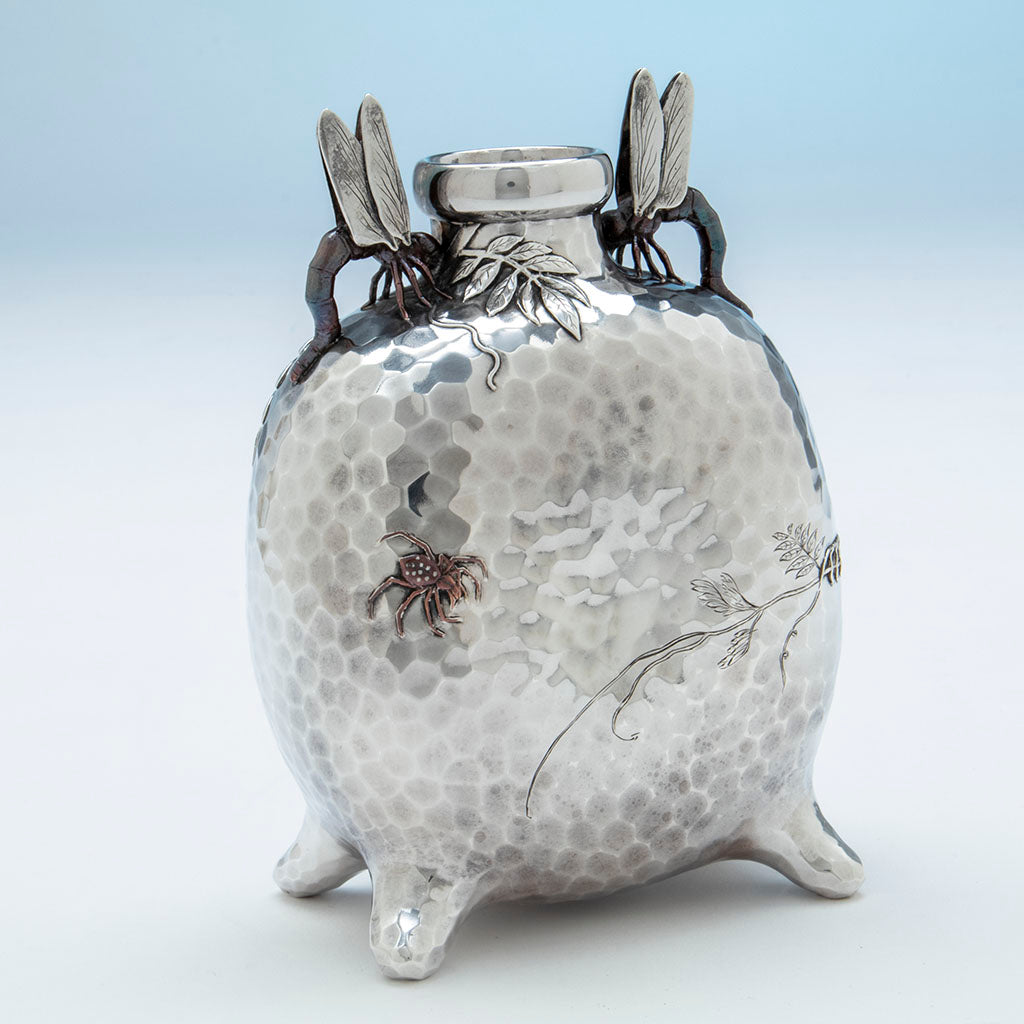 Spider on Tiffany and Co Japonesque Mixed Metals Moon Flask Vase, NYC, NY, c. 1878