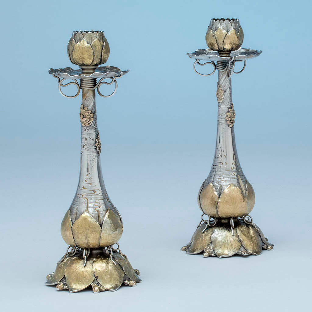 George Shiebler(attr) Aesthetic Antique Sterling Silver and 14k Gold Candlesticks, NYC, c. 1880s