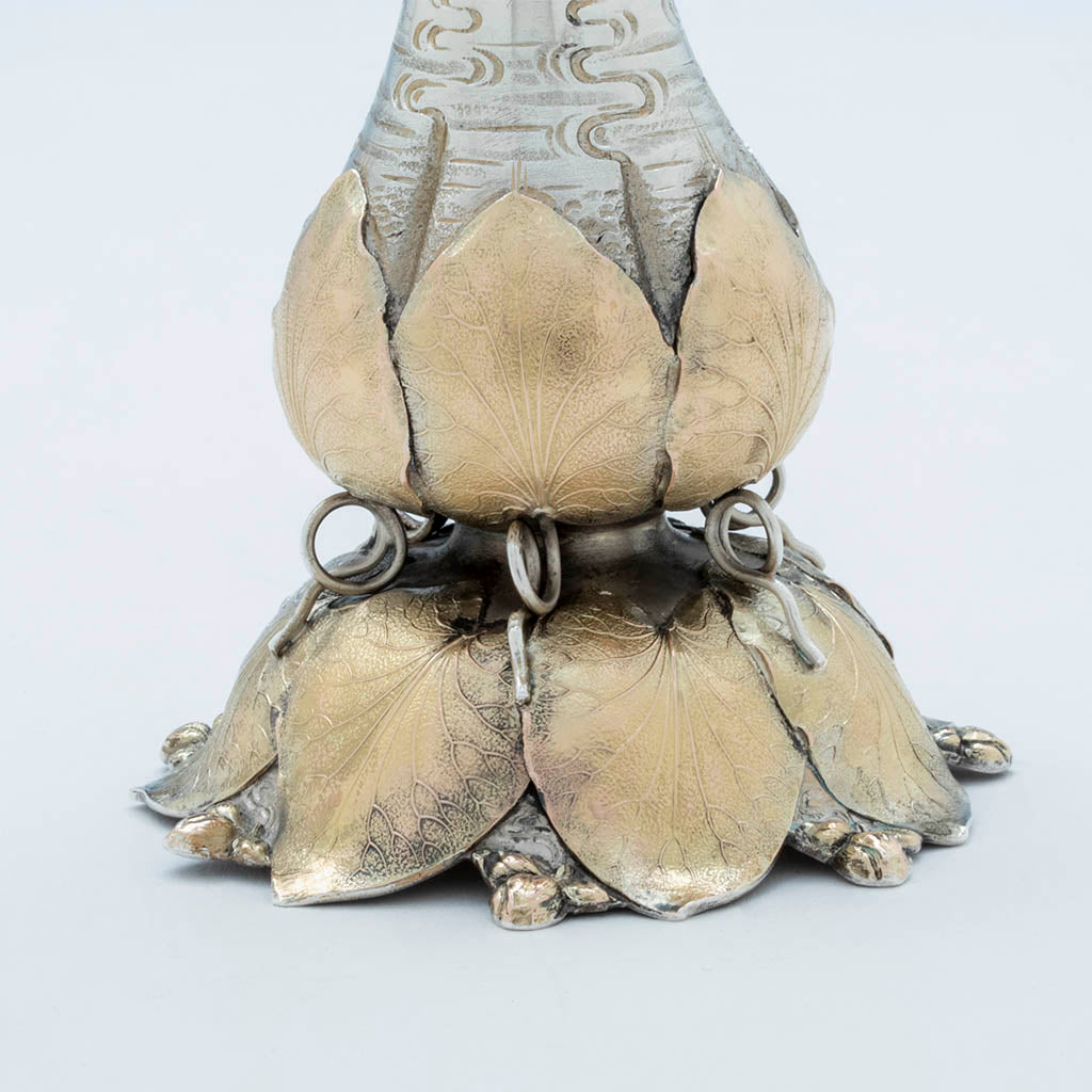 Base to George Shiebler(attr) Aesthetic Antique Sterling Silver and 14k Gold Candlesticks, NYC, c. 1880s