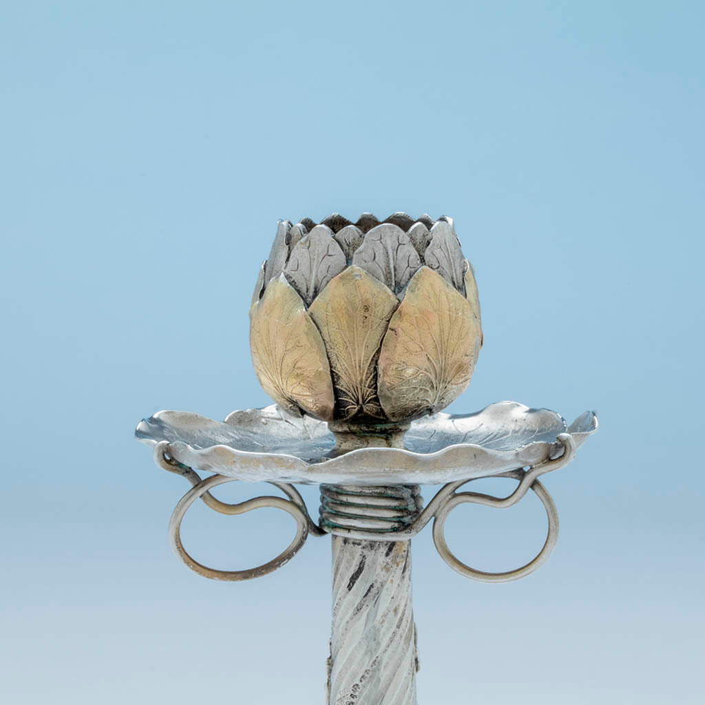 Socle to George Shiebler(attr) Aesthetic Antique Sterling Silver and 14k Gold Candlesticks, NYC, c. 1880s