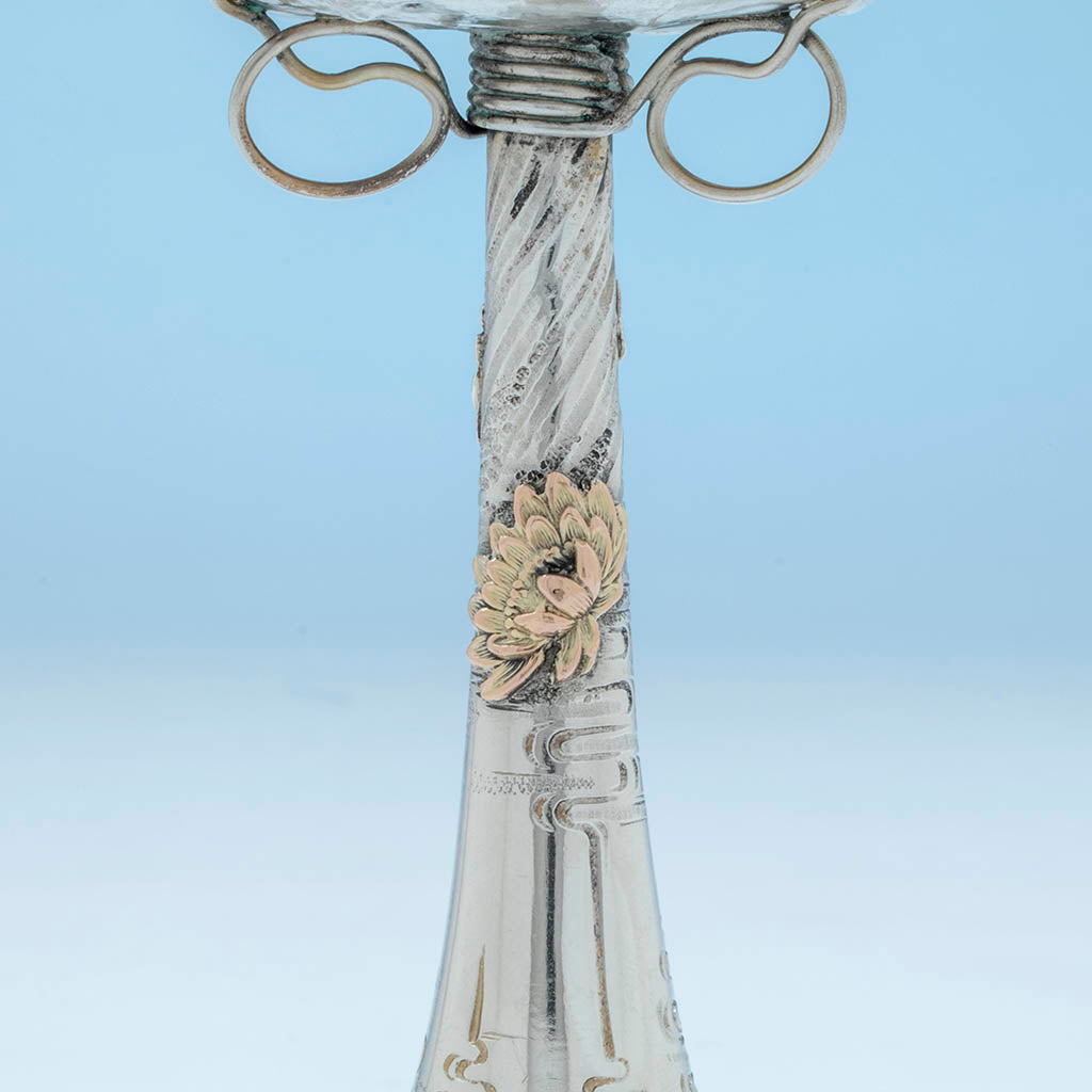 Stem to George Shiebler(attr) Aesthetic Antique Sterling Silver and 14k Gold Candlesticks, NYC, c. 1880s