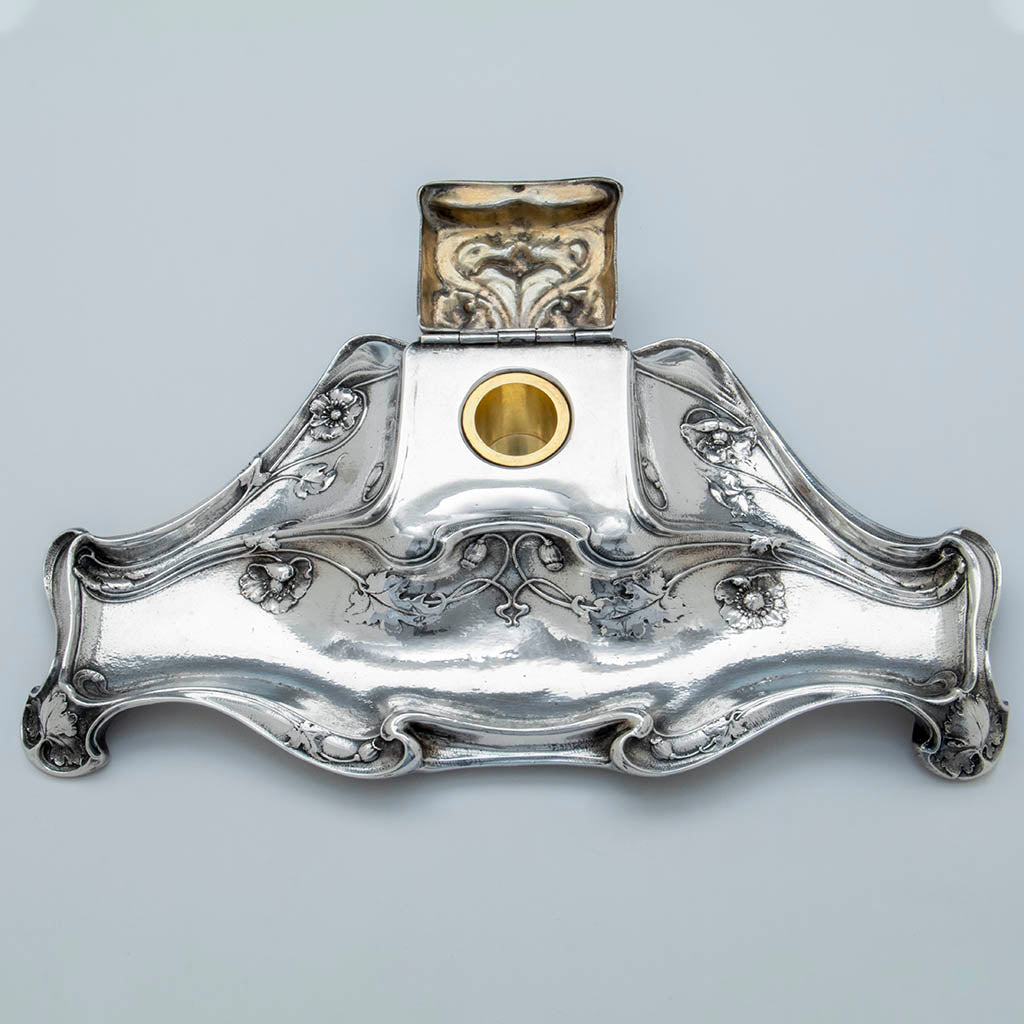 Gorham Art Nouveau Antique Sterling Silver &#39;Poppy&#39; Inkwell, Providence, RI, c. 1905