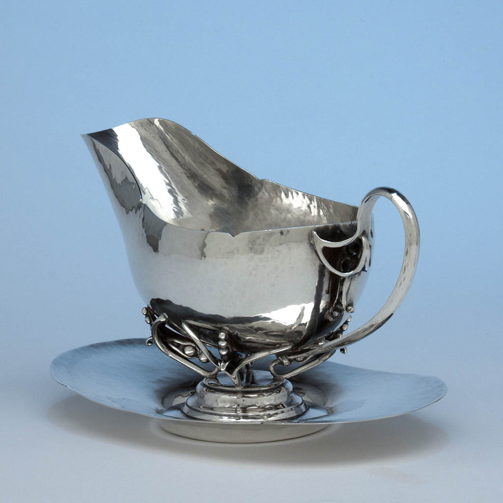 Angle view of Detail of William G. DeMatteo Sterling Silver Gravy Boat with Stand, Bergenfield, NJ, c. 1950