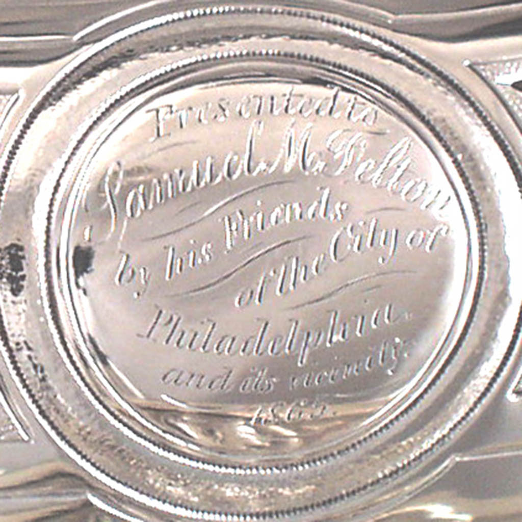 Inscription on George Sharp for Bailey &amp; Co. - The Samuel M. Felton &#39;Medallion&#39; Sterling Entree Server, c. 1865