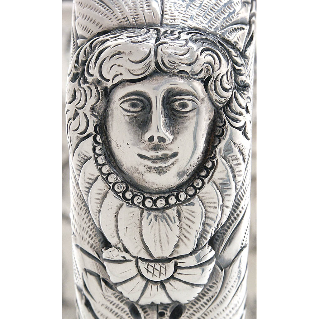 Handle detail on Samuel Kirk Early and Extremely Fine &#39;Etruscan&#39; Pattern 11 oz. Silver Repoussé Pitcher or Ewer, c. 1835-43