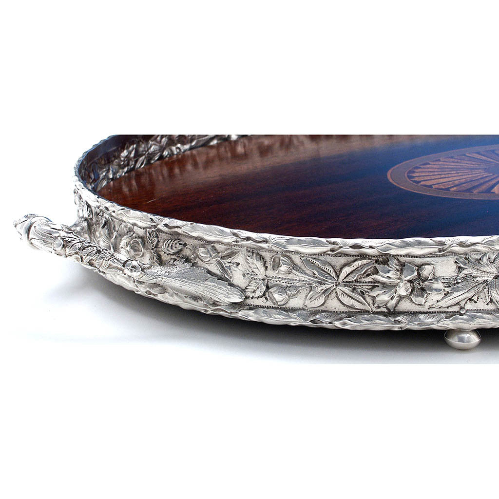 Detail of Samuel Kirk &amp; Son, Co., Sterling Repousse Gallery Tea Tray, Baltimore, MD, c. 1900