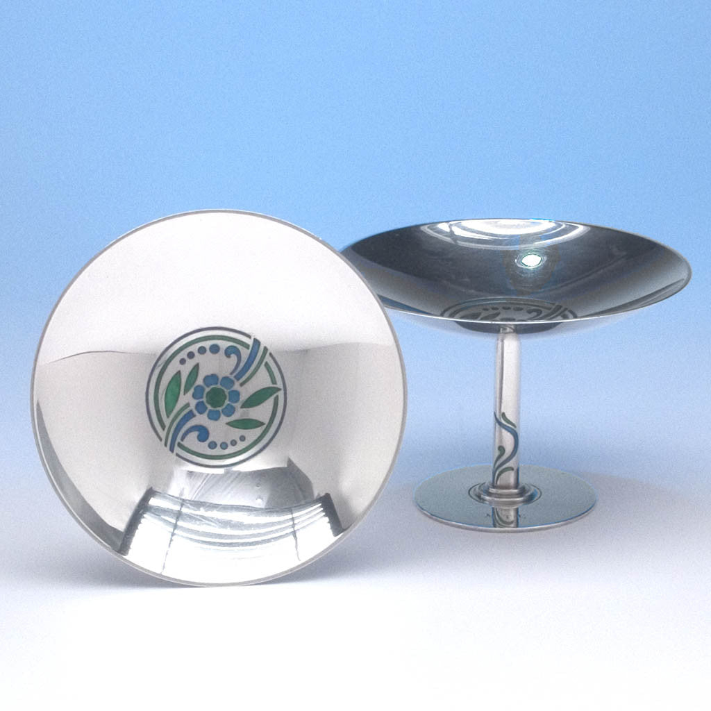 Tiffany &amp; Co Pair of Art Deco Sterling Silver and Enamel Compotes, New York City, 1937-47