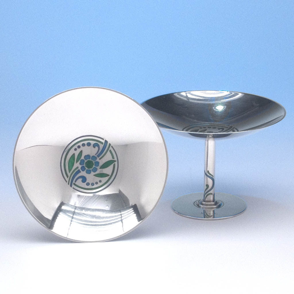 Tiffany & Co Pair of Art Deco Sterling Silver and Enamel Compotes, New York City, 1937-47