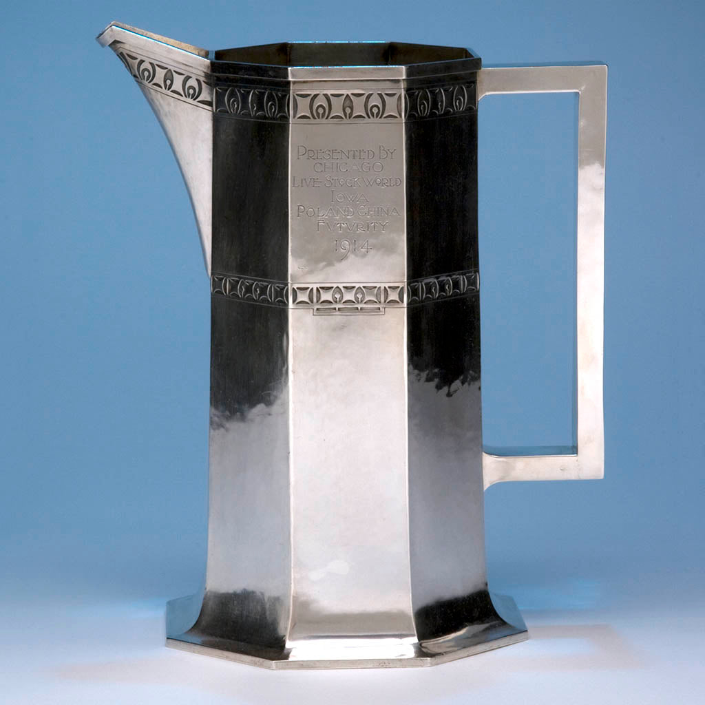 Robert R. Jarvie Extremely fine American arts & crafts silver presentation pitcher, Chicago, 1914, design attributed to George Elmslie