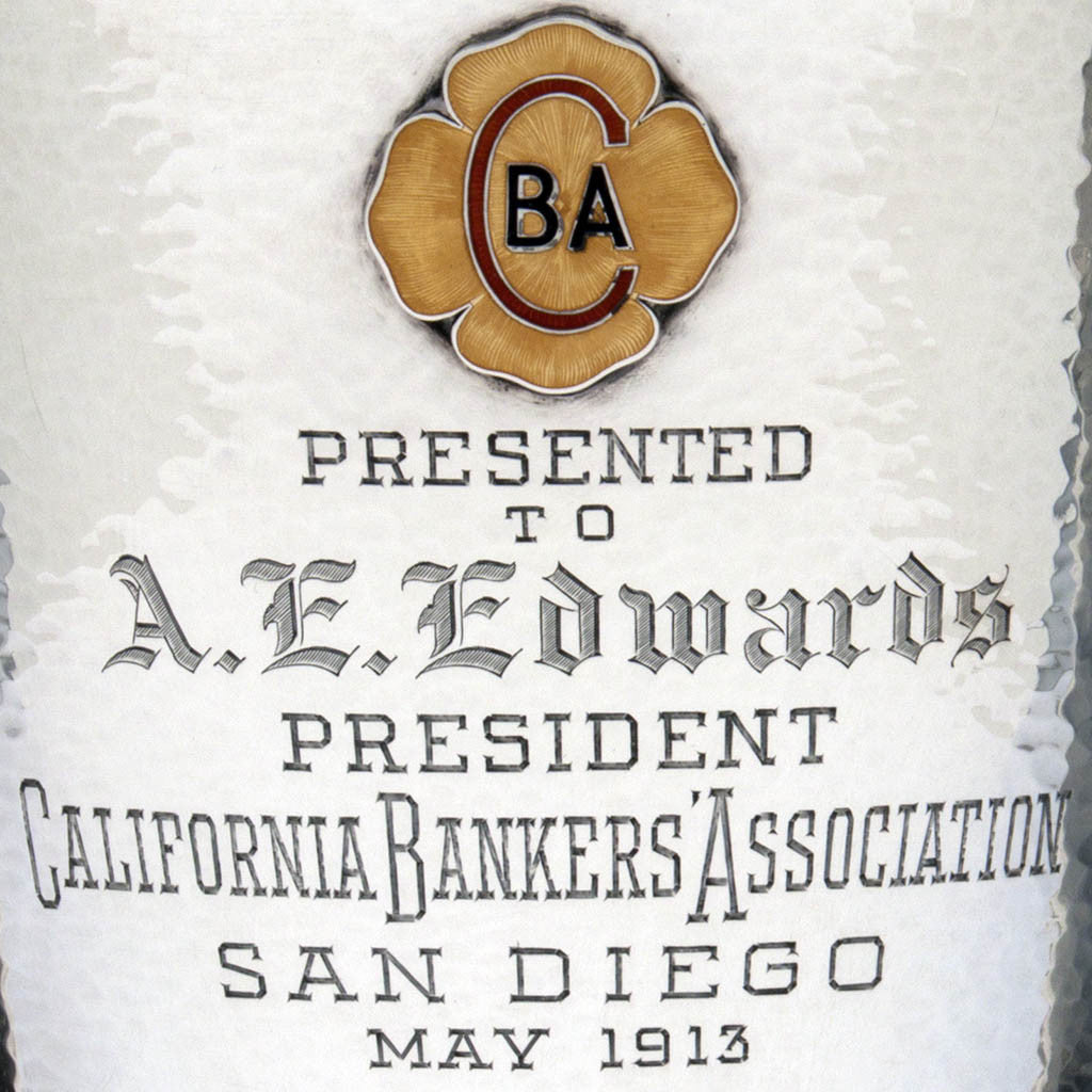 Inscription on Shreve &amp; Co Sterling Silver &#39;XIV Century&#39; Pattern Large Presentation Cup, San Francisco, CA, 1913